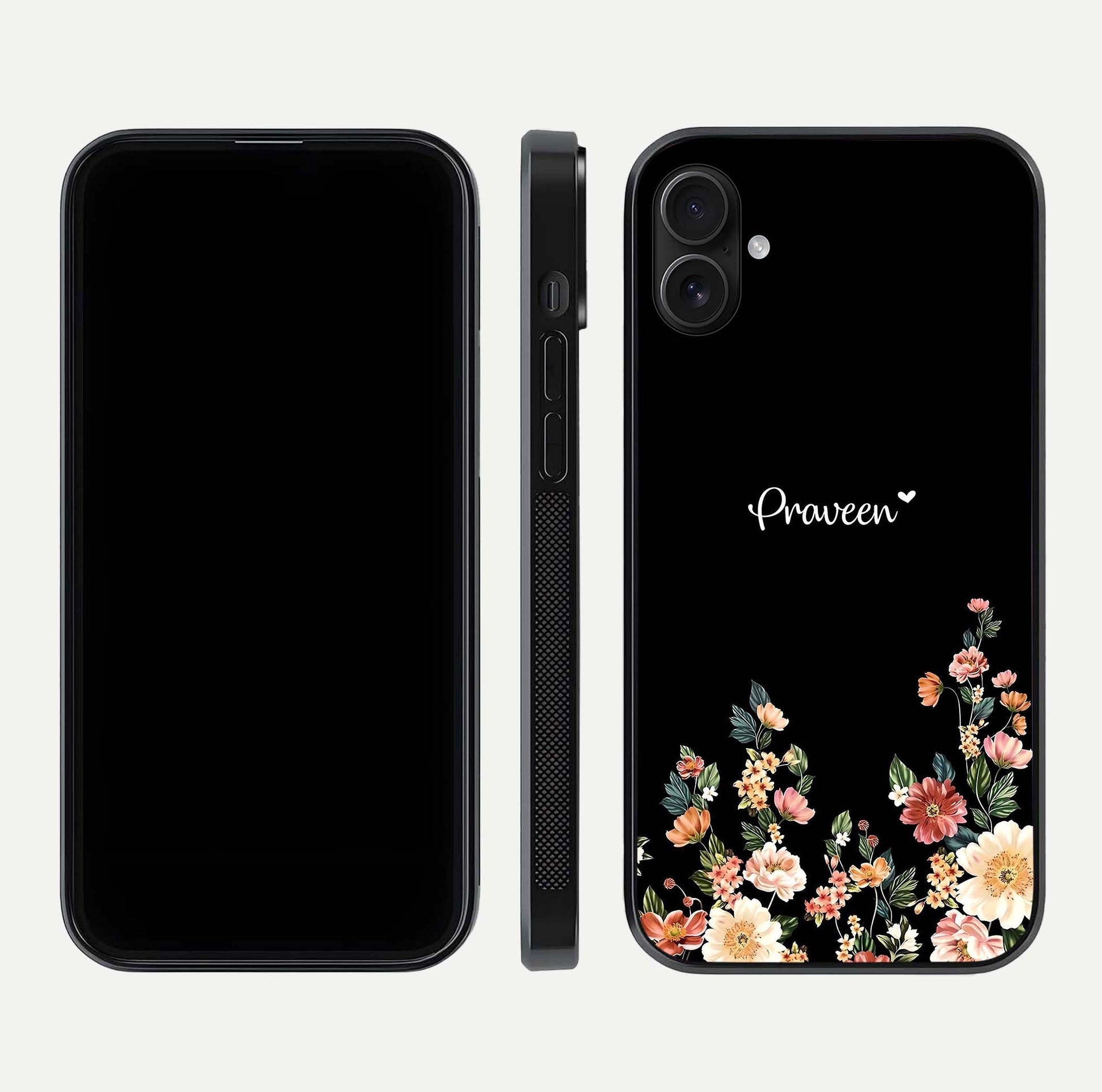 Floral Design Personalized Custom Name Glass Case for iPhone 16 Plus dual-view layout displaying artistic tones and curved finish