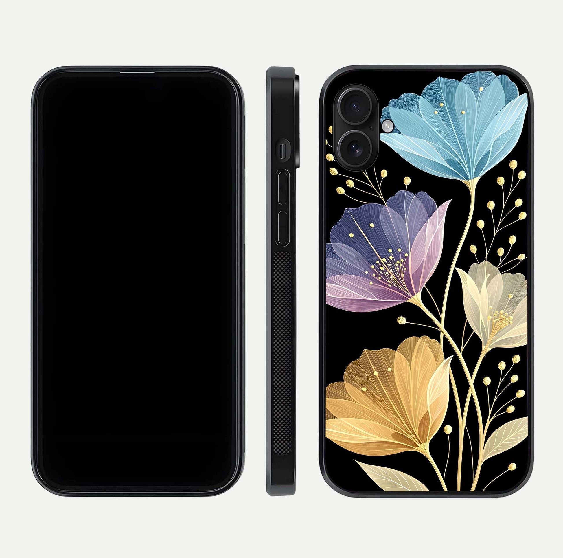 Flower Bloom Glow Glass Case for iPhone 16 Plus dual-view layout displaying petal tones and curved glass edge