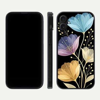 Flower Bloom Glow Glass Case for iPhone 16 Plus dual-view layout displaying petal tones and curved glass edge