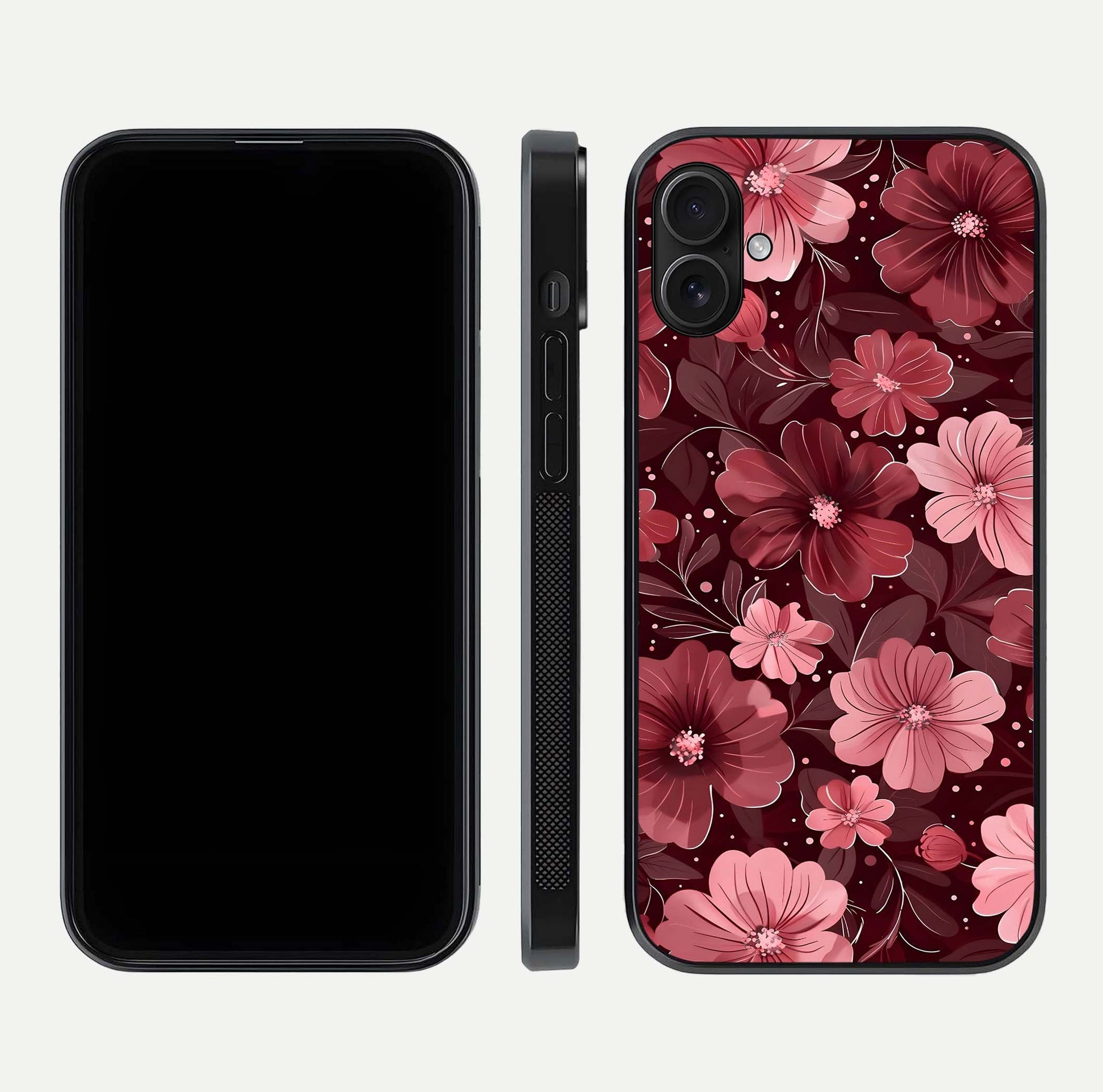 Flower Blush Bloom Glass Case for iPhone 16 Plus dual-view layout displaying HD print and smooth curves