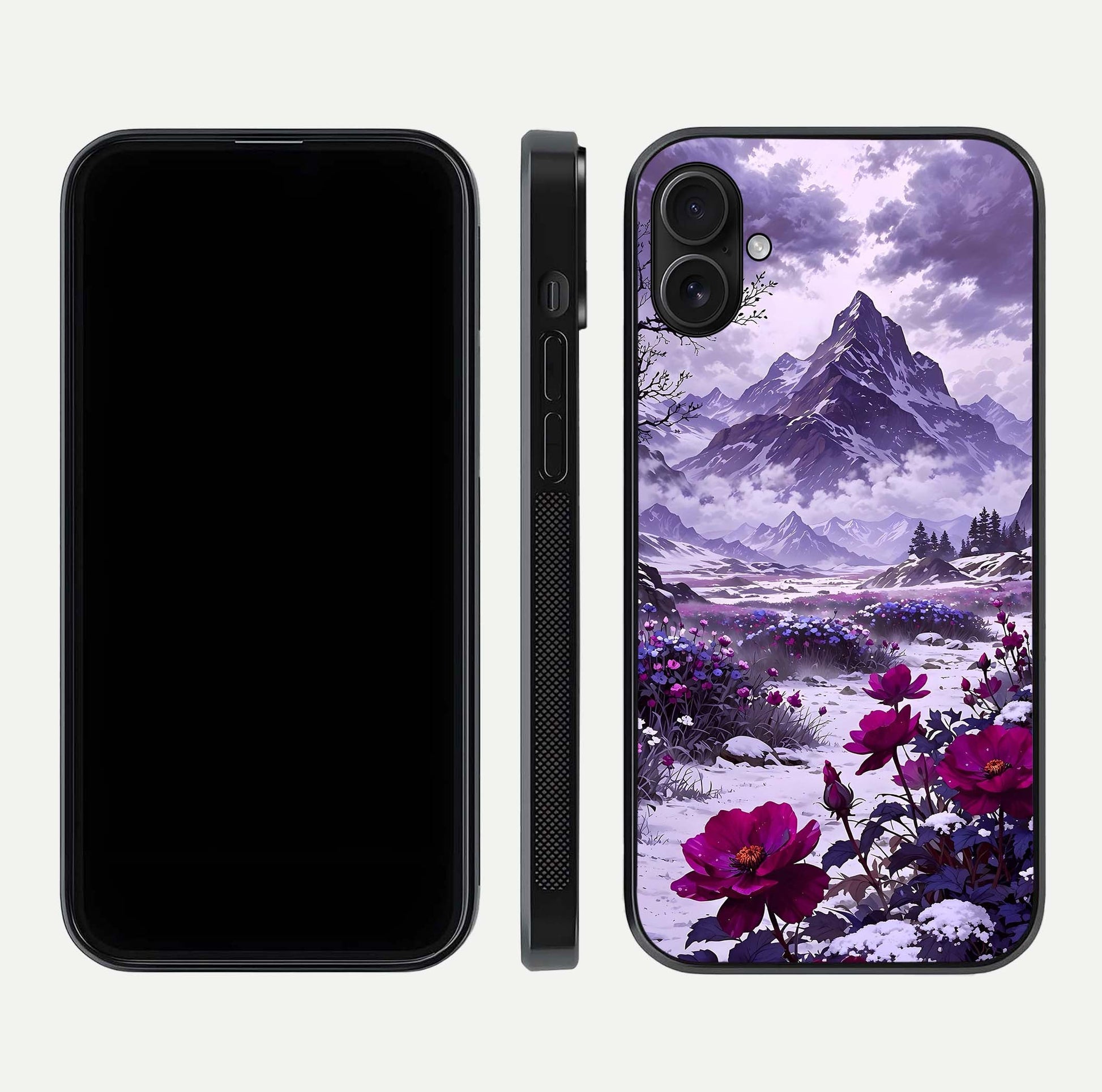 Flower Mountain View Glass Case for iPhone 16 Plus dual-view layout displaying scenic tones and curved glass finish