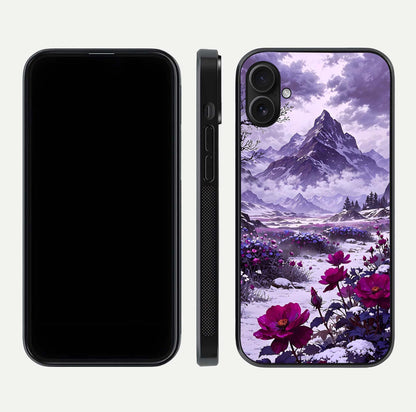 Flower Mountain View Glass Case for iPhone 16 Plus dual-view layout displaying scenic tones and curved glass finish