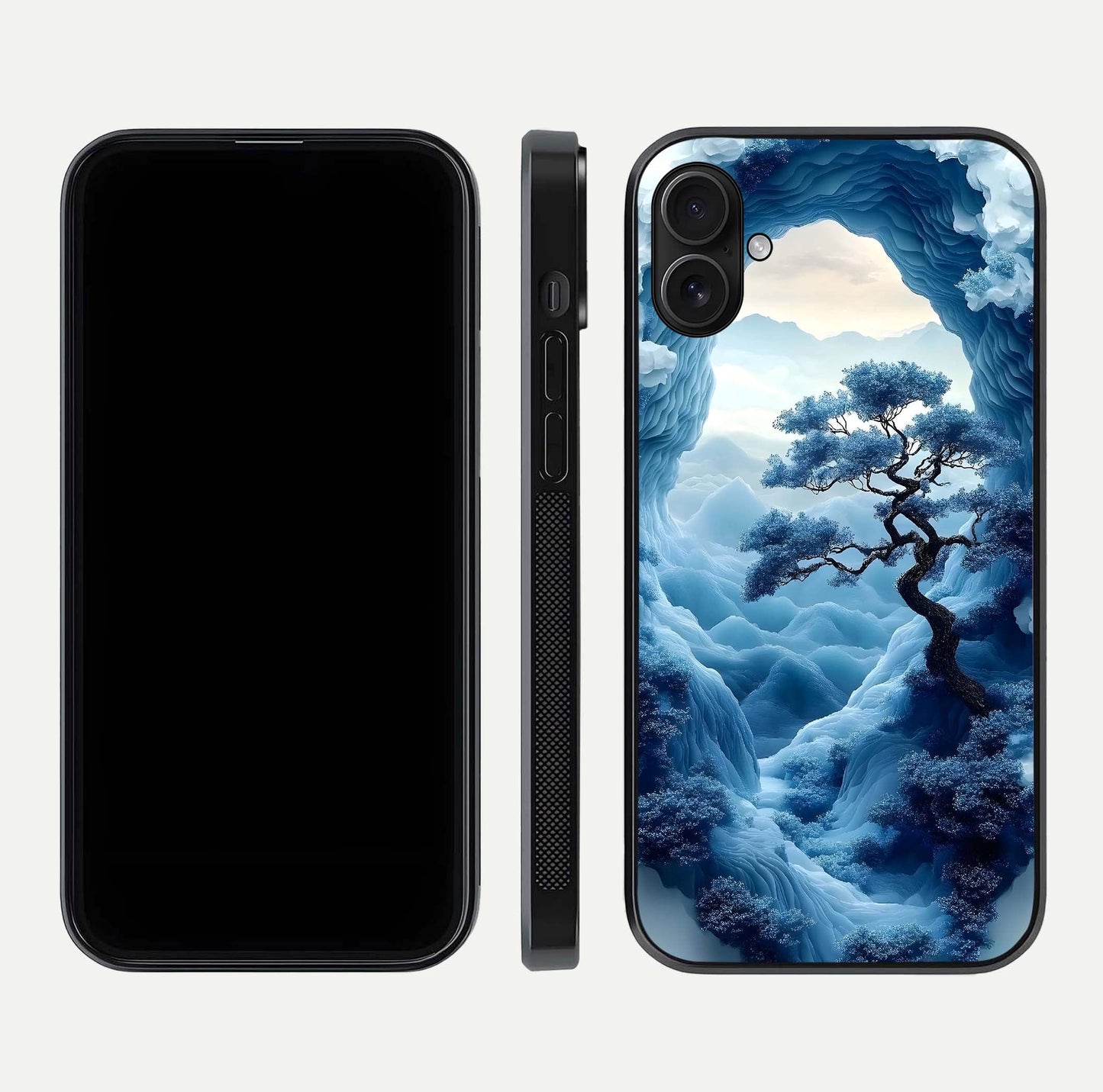 Frozen Serenity Gate Glass Case for iPhone 16 Plus dual-view layout displaying winter theme and smooth curves