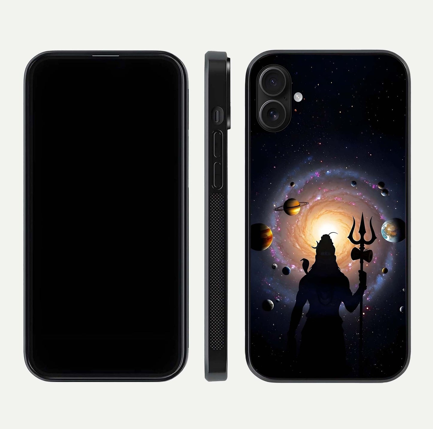 Galactic Shiva Vision Glass Case for iPhone 16 Plus front and back view layout showing celestial background and polished curved glass