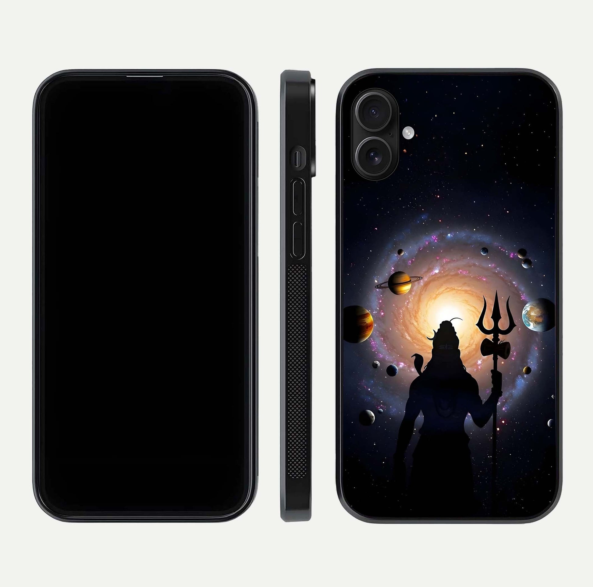 Galactic Shiva Vision Glass Case for iPhone 16 Plus front and back view layout showing celestial background and polished curved glass