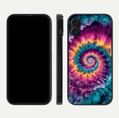 Galactic Spiral Burst Glass Case for iPhone 16 Plus front and back view layout highlighting cosmic swirl and curved edges