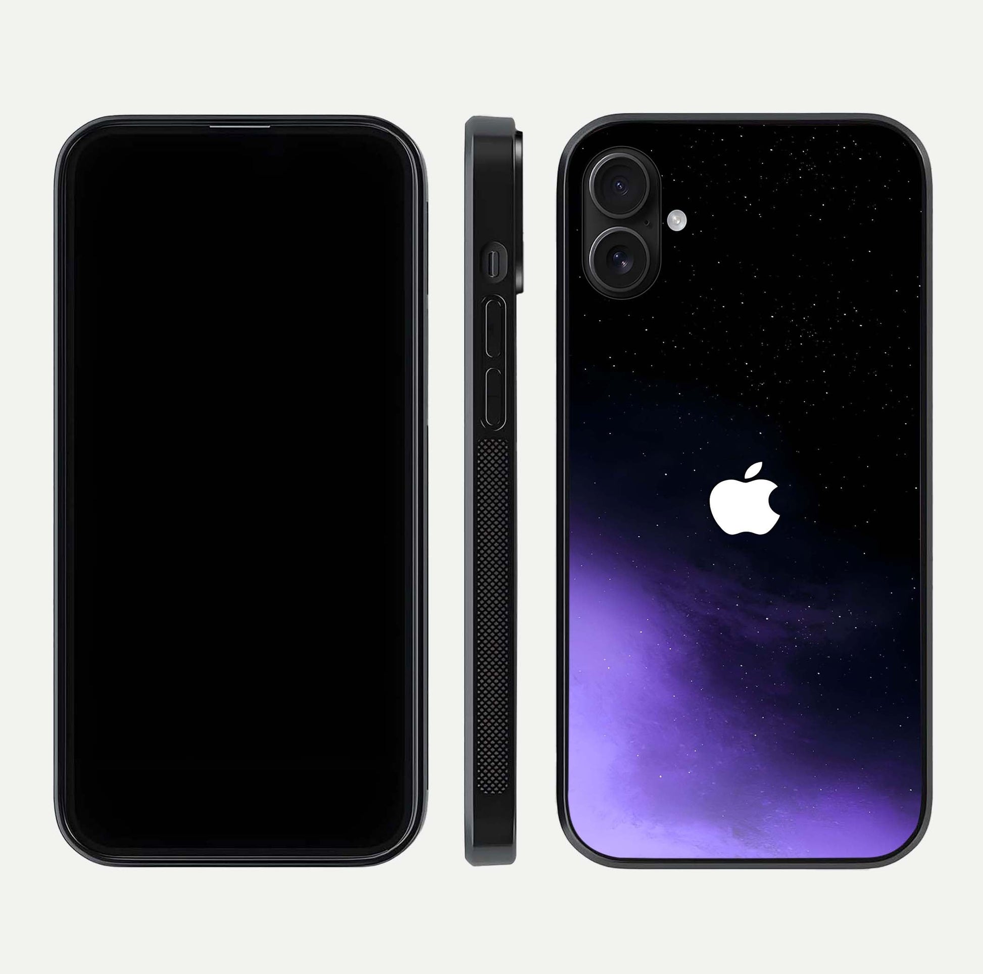 Galaxy Apple Aura Glass Case for iPhone 16 Plus front and back view layout displaying cosmic tones and premium curved glass edges