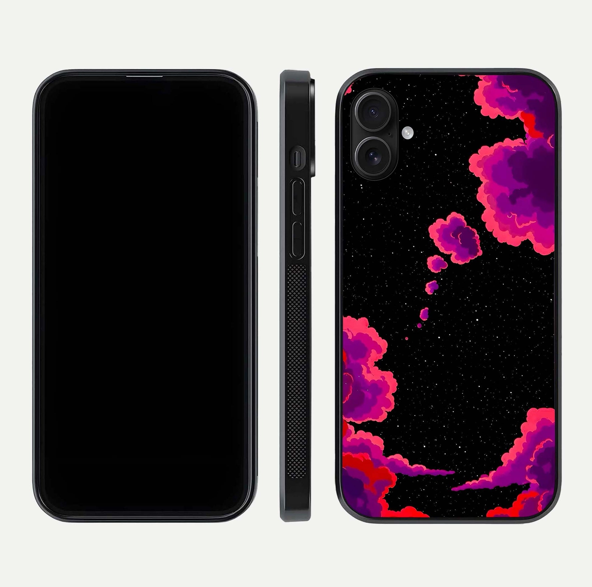 Galaxy Dream Frame Glass Case for iPhone 16 Plus front and back view layout highlighting cosmic design and smooth glass curvature