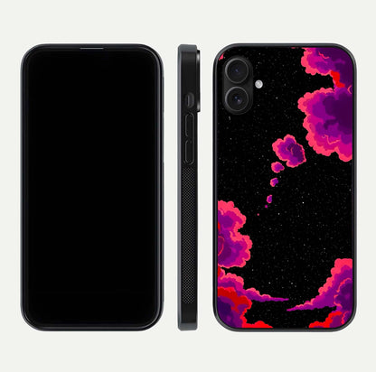 Galaxy Dream Frame Glass Case for iPhone 16 Plus front and back view layout highlighting cosmic design and smooth glass curvature