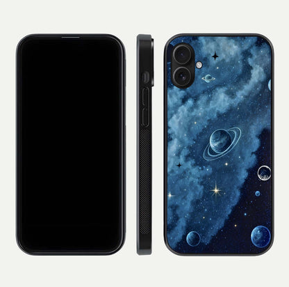 Galaxy Dream Space Glass Case for iPhone 16 Plus front and back view layout showing deep-space tones and curved edges