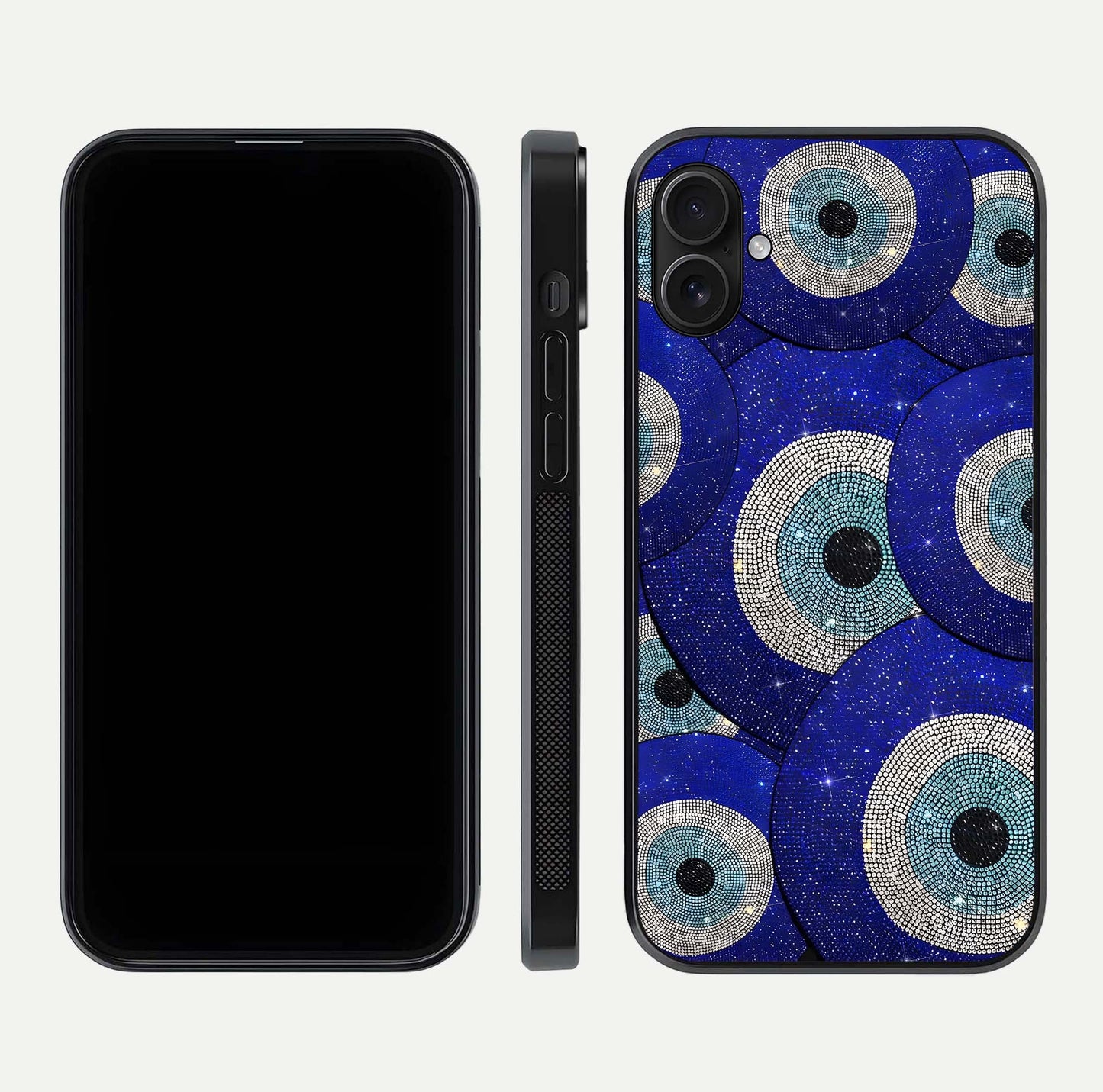 Galaxy Eye Flow Glass Case for iPhone 16 Plus front and back view layout displaying cosmic art and curved glass borders