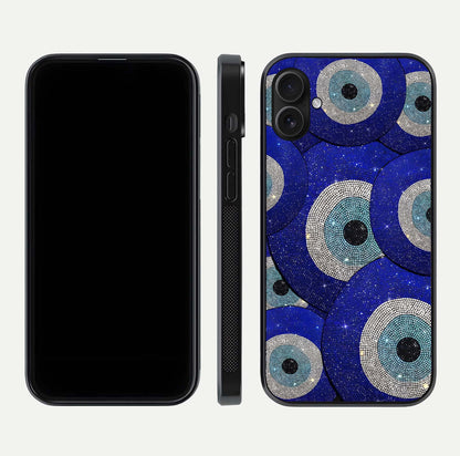 Galaxy Eye Flow Glass Case for iPhone 16 Plus front and back view layout displaying cosmic art and curved glass borders