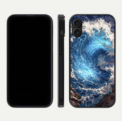 Giant Ocean Wave Glass Case for iPhone 16 Plus front and back view layout displaying sea tones and smooth curved edges