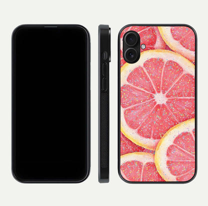 Glitter Grapefruit Glass Case for iPhone 16 Plus front and back view layout highlighting citrus hues and smooth glass