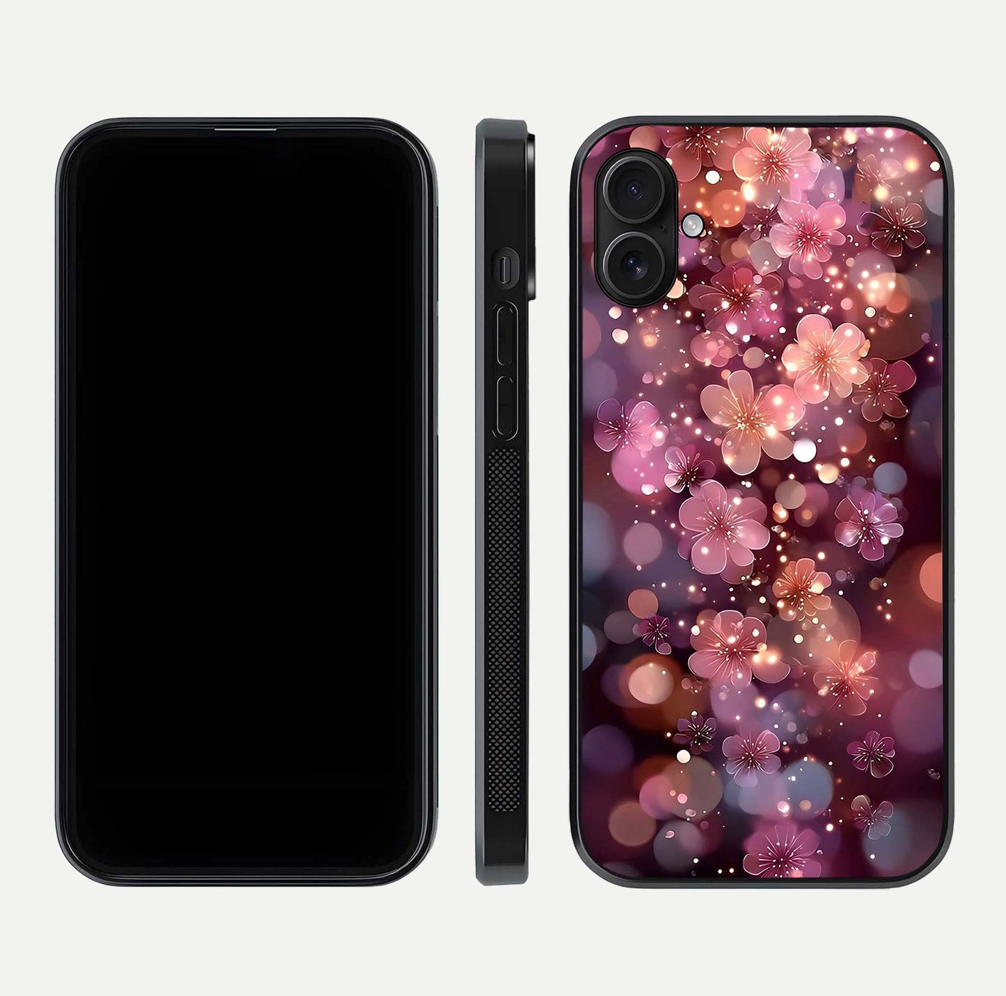 Glowing Petal Bliss Glass Case for iPhone 16 Plus front and back view layout displaying artistic floral design and curved glass