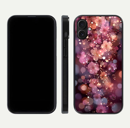 Glowing Petal Bliss Glass Case for iPhone 16 Plus front and back view layout displaying artistic floral design and curved glass