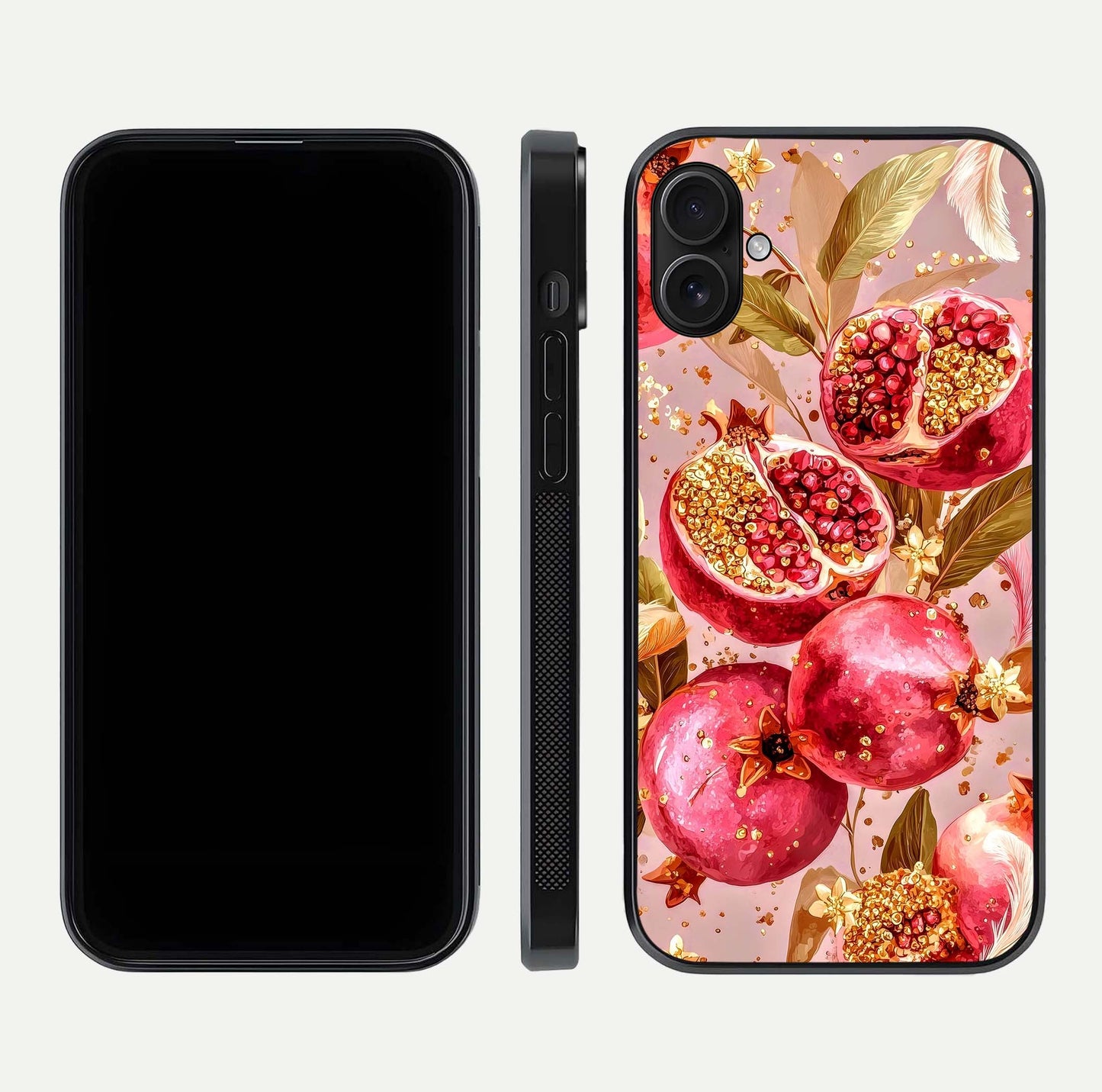 Golden Bloom Glow Glass Case for iPhone 16 Plus front and back view layout highlighting luxury floral pattern and curved edges