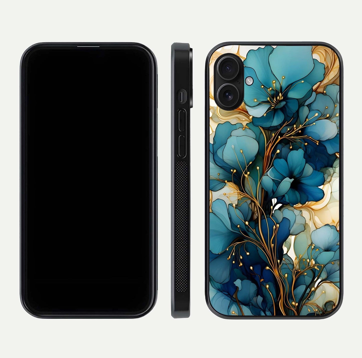 Golden Bloom Symphony Glass Case for iPhone 16 Plus front and back view layout highlighting rich floral tones and curved glass edges