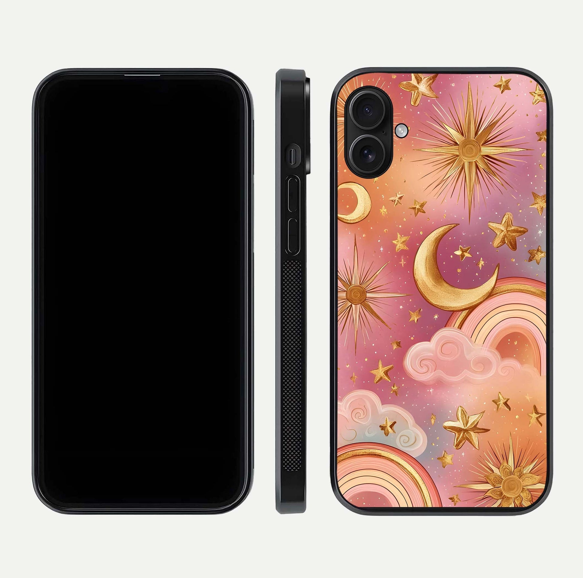 Golden Celestial Dreams Glass Case for iPhone 16 Plus front and back view layout highlighting celestial motifs and smooth curved edge