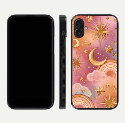 Golden Celestial Dreams Glass Case for iPhone 16 Plus front and back view layout highlighting celestial motifs and smooth curved edge