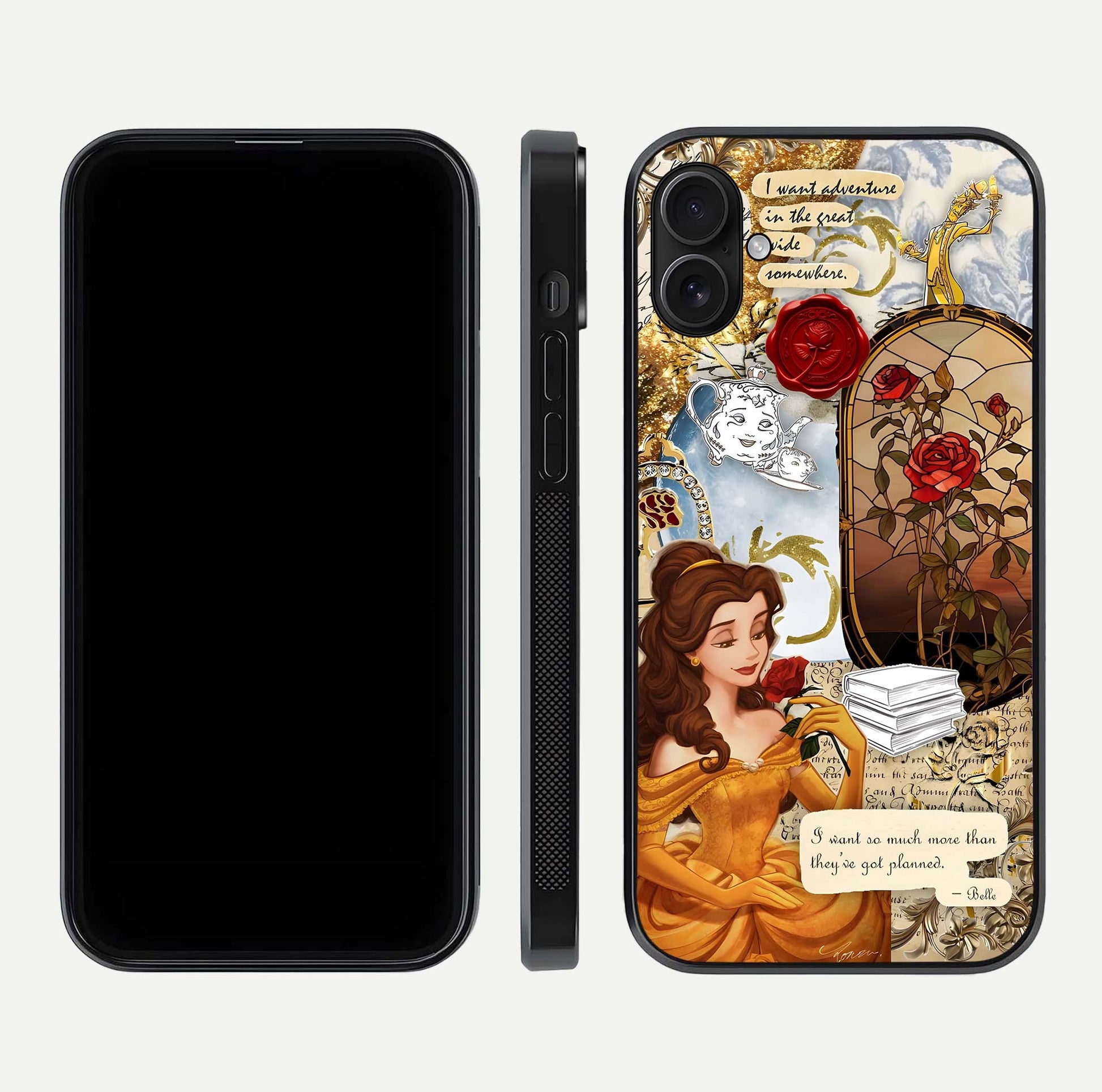 Golden Dream Belle Glass Case for iPhone 16 Plus front and back view layout displaying dreamy golden theme and smooth curvature
