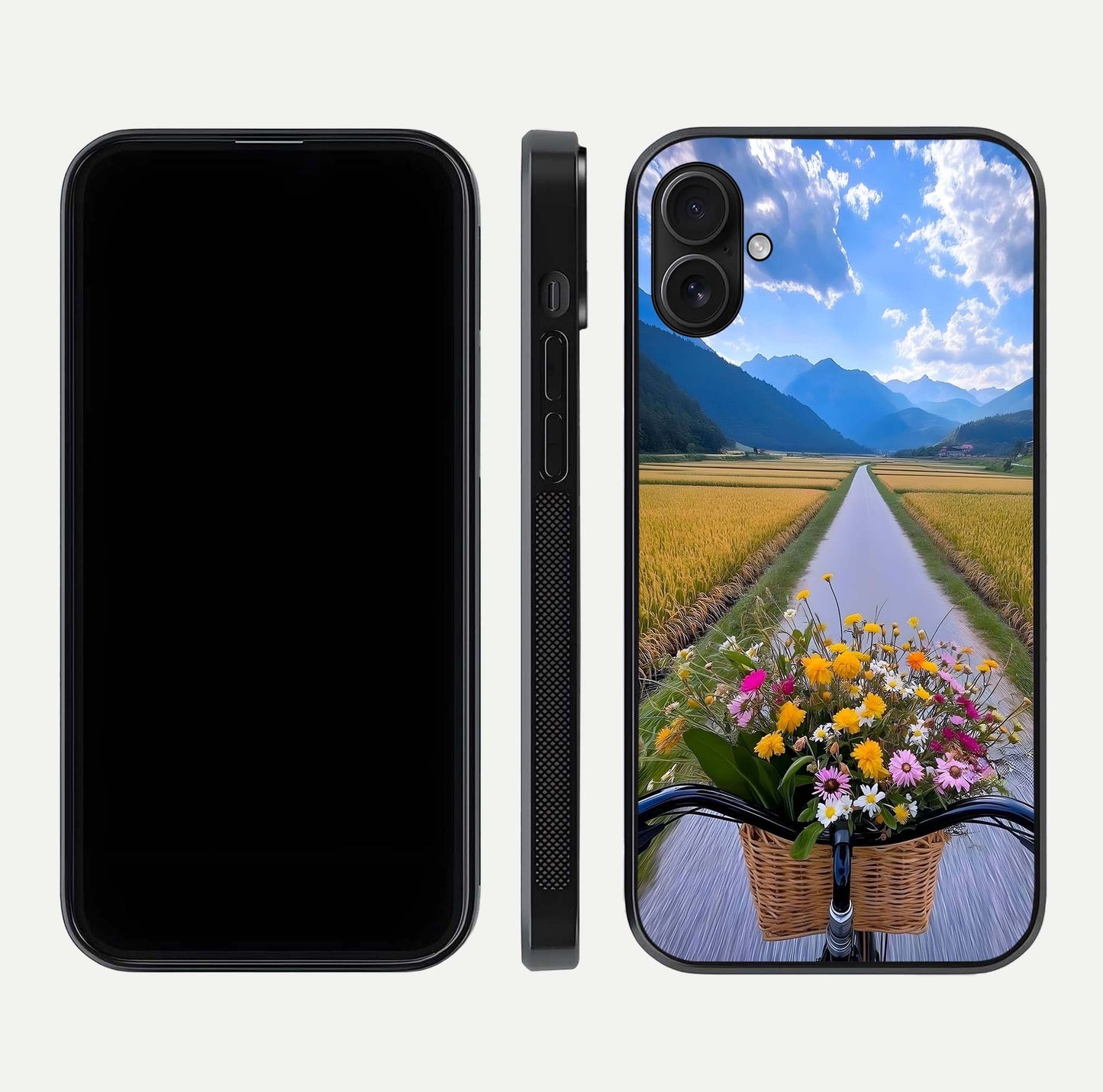 Golden Field Journey Glass Case for iPhone 16 Plus front and back view layout highlighting natural gradient and smooth glass finish
