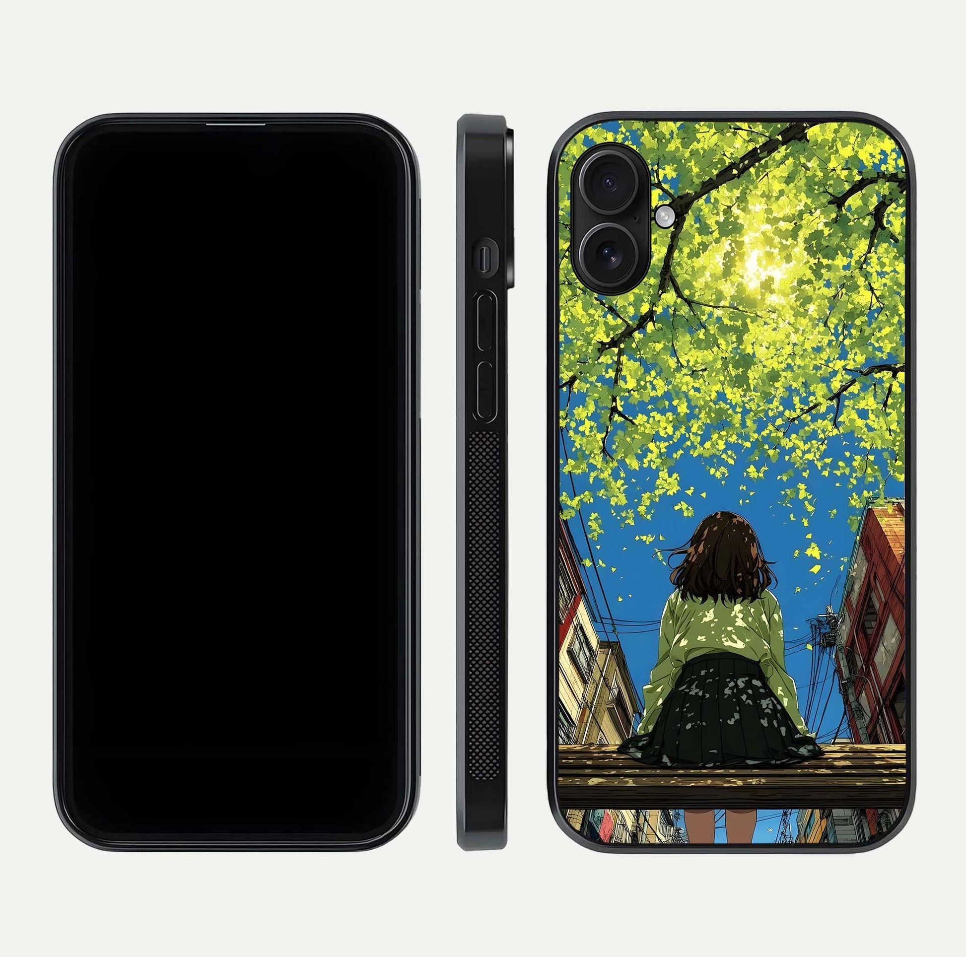 Golden Leaves Glow Glass Case for iPhone 16 Plus front and back view layout highlighting glowing tones and curved edges