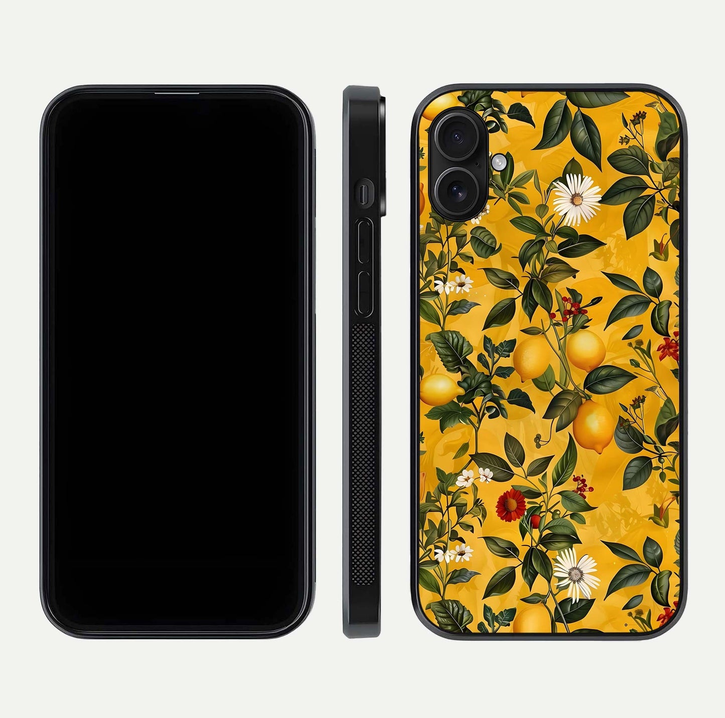 Golden Lemon Field Glass Case for iPhone 16 Plus front and back view layout highlighting fruity tones and curved glass edges