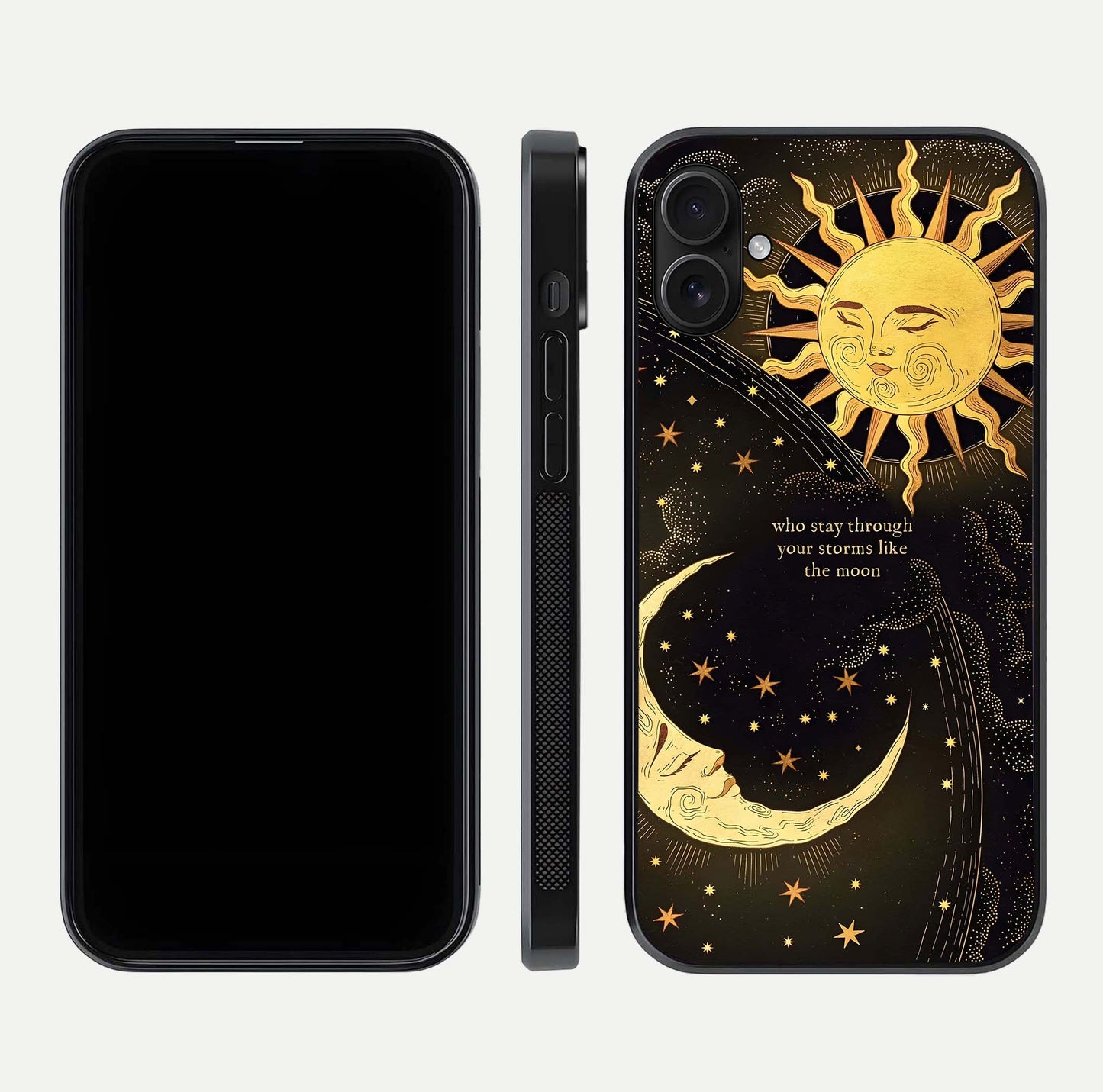 Golden Lunar Love Glass Case for iPhone 16 Plus front and back view layout highlighting celestial tones and curved edges
