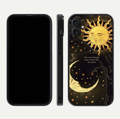 Golden Lunar Love Glass Case for iPhone 16 Plus front and back view layout highlighting celestial tones and curved edges