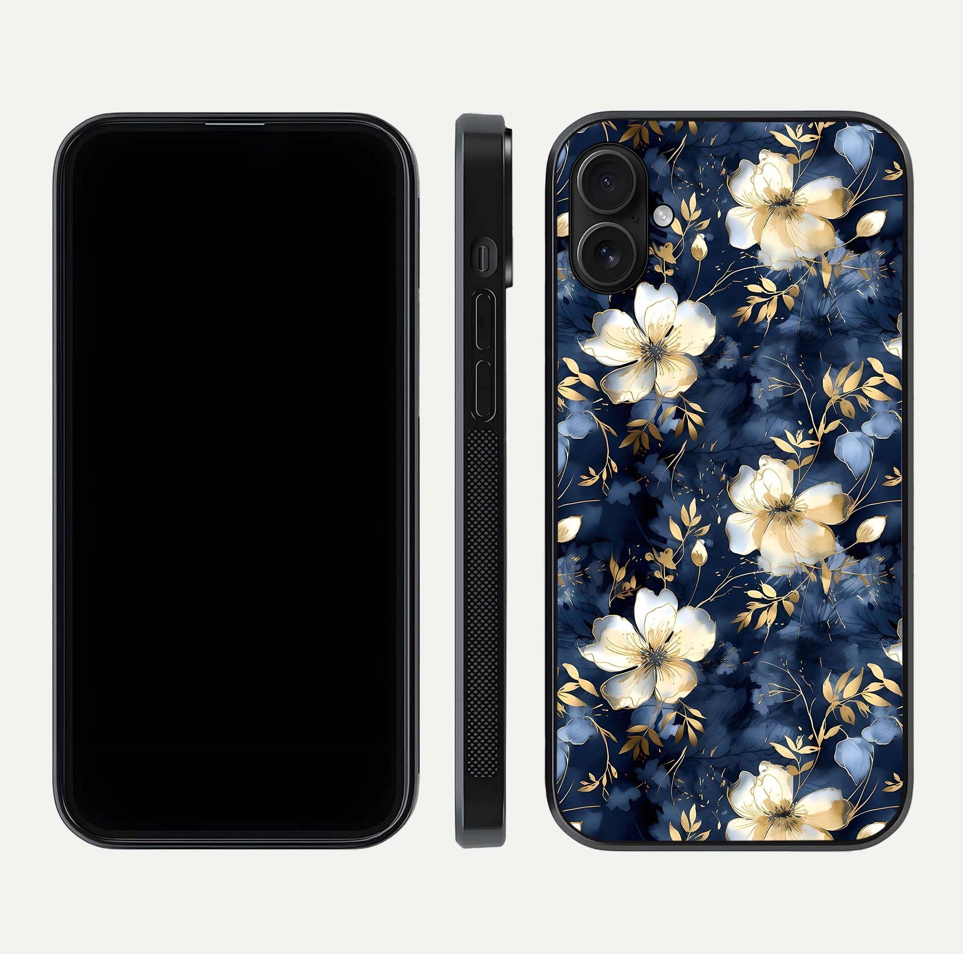 Golden Midnight Bloom Glass Case for iPhone 16 Plus front and back view layout highlighting dark-gold tones and smooth curves