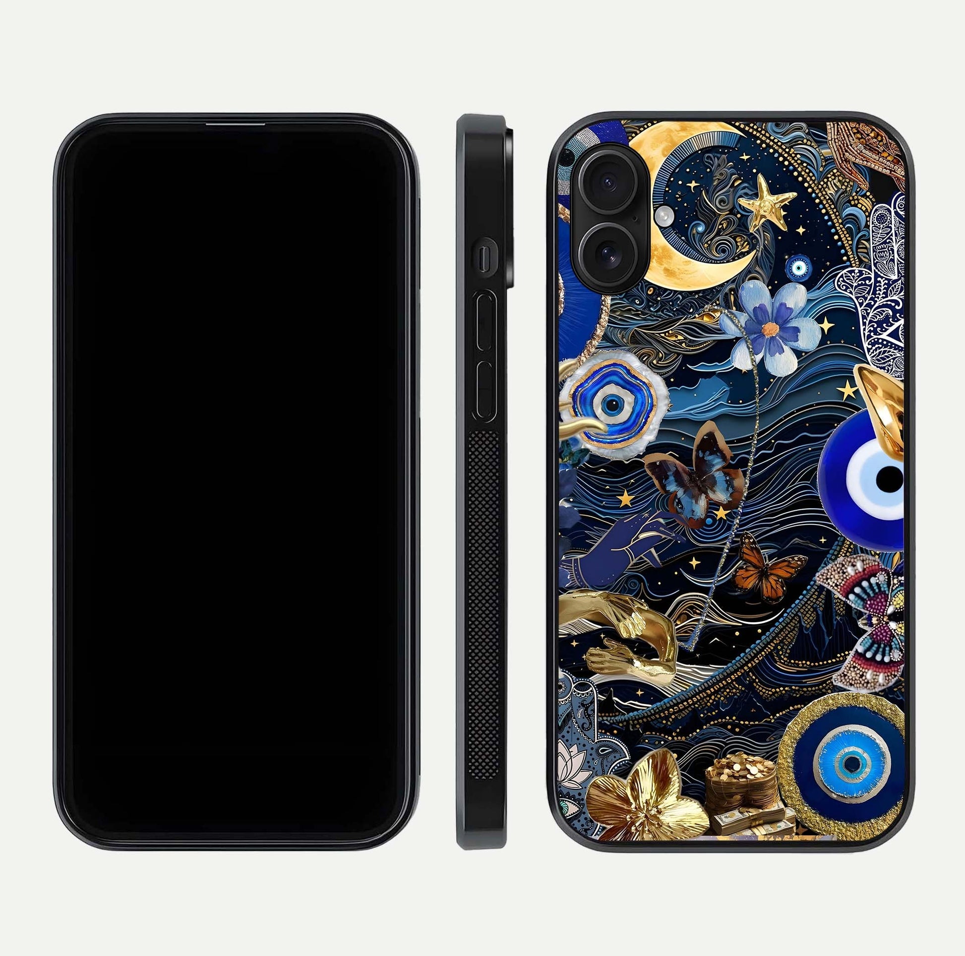 Golden Moon Magic Glass Case for iPhone 16 Plus front and back view layout highlighting celestial tones and curved glass
