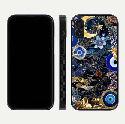 Golden Moon Magic Glass Case for iPhone 16 Plus front and back view layout highlighting celestial tones and curved glass