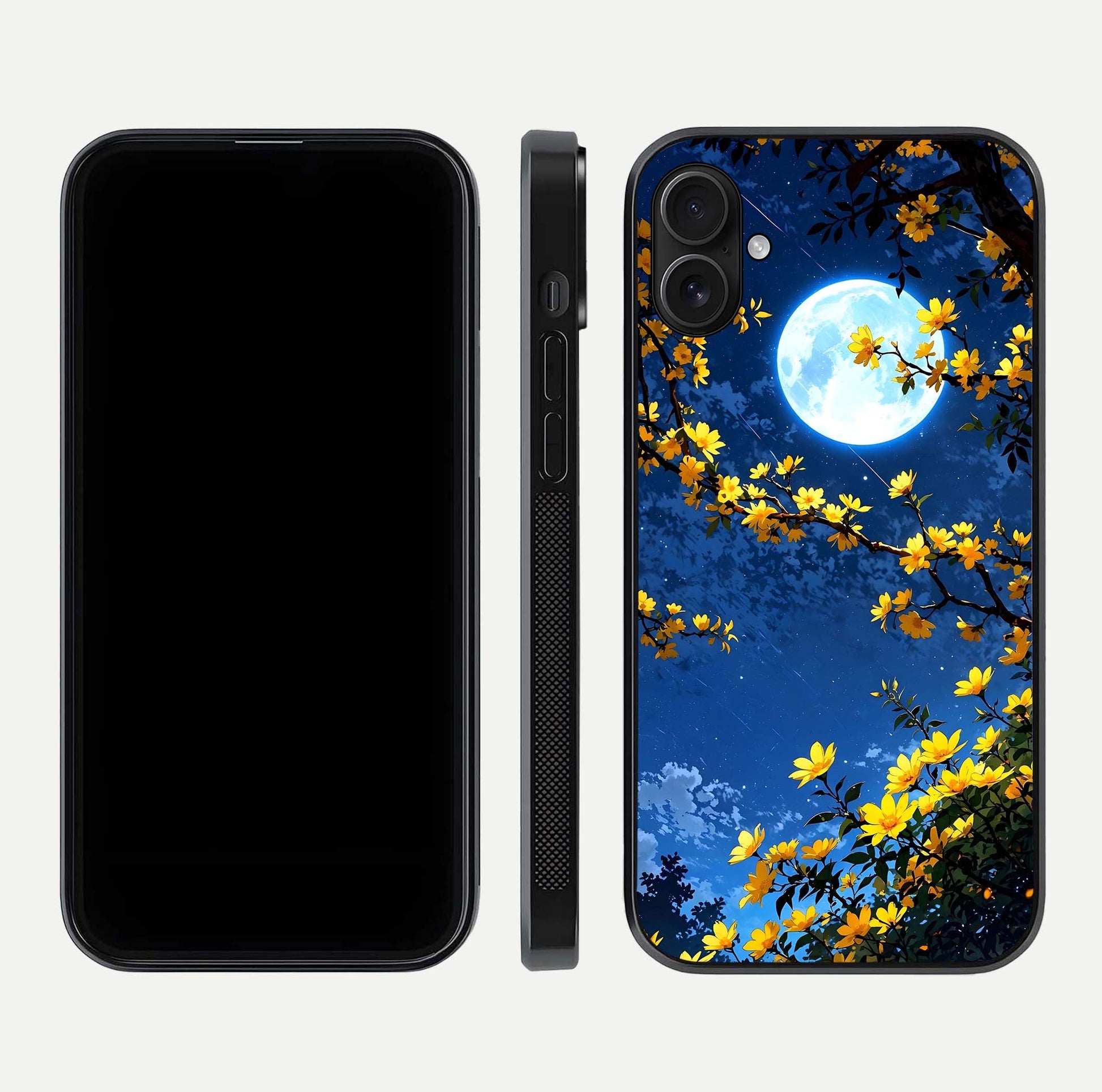 Golden Night Glow Glass Case for iPhone 16 Plus front and back view layout displaying metallic glow and curved glass edge