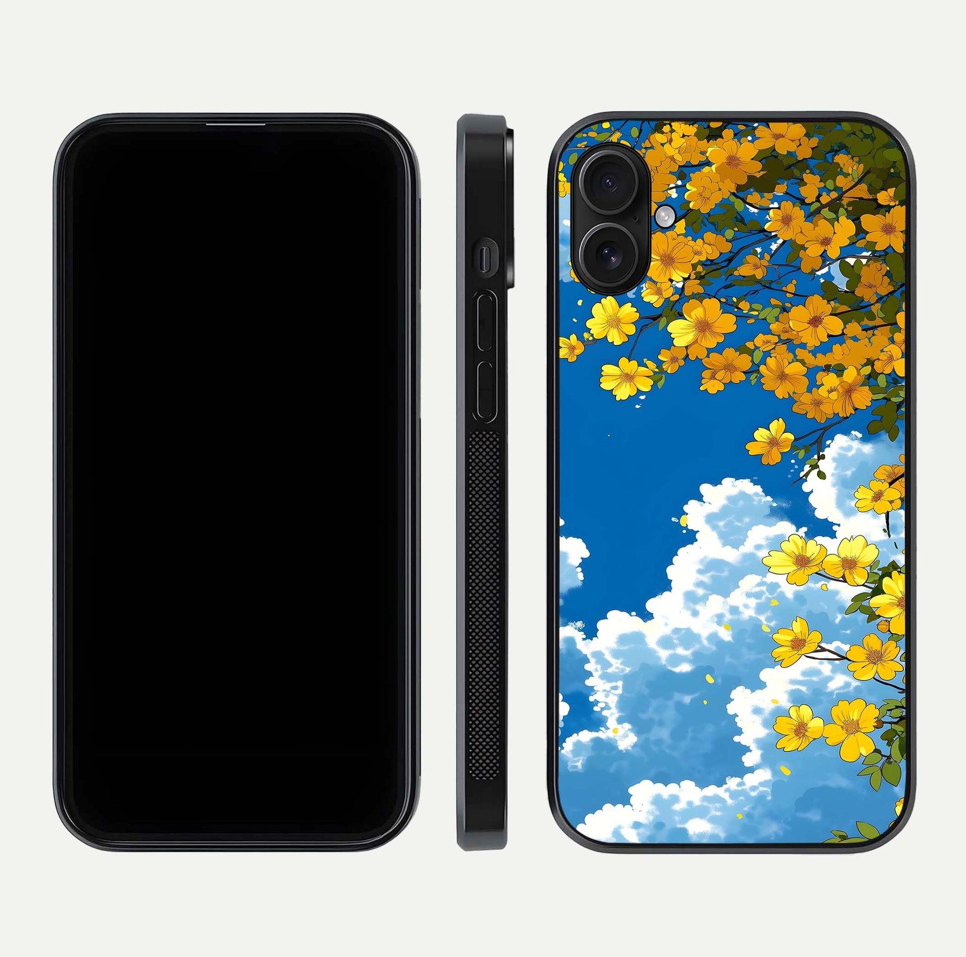 Golden Petal Sky Glass Case for iPhone 16 Plus front and back view layout highlighting floral pattern and curved glass edges