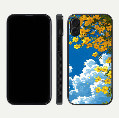 Golden Petal Sky Glass Case for iPhone 16 Plus front and back view layout highlighting floral pattern and curved glass edges