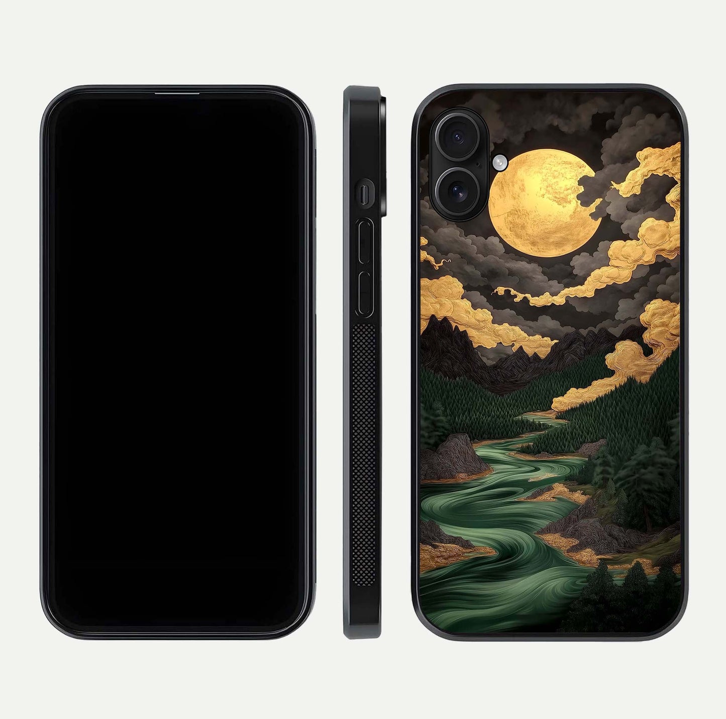 Golden River Moon Glass Case for iPhone 16 Plus front and back view layout displaying celestial glow and smooth curves