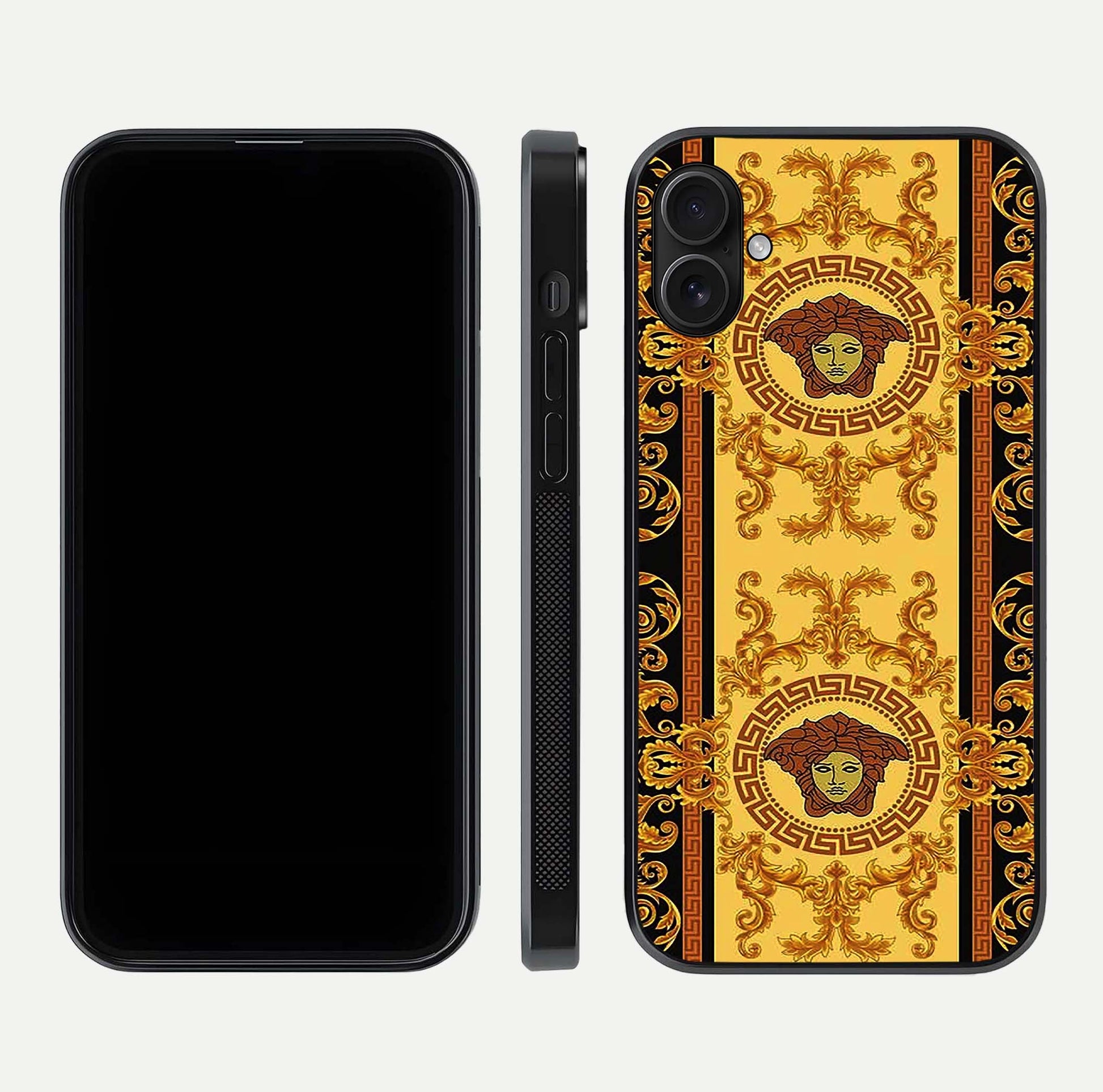 Golden Royal Heritage Glass Case for iPhone 16 Plus front and back view layout displaying ornate gold texture and curved edges