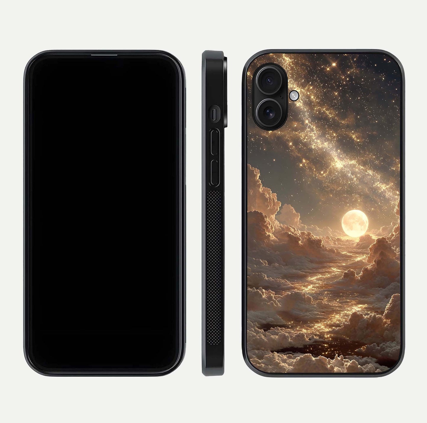 Golden Sky Dream Glass Case for iPhone 16 Plus front and back view layout highlighting celestial gold hues and curved glass