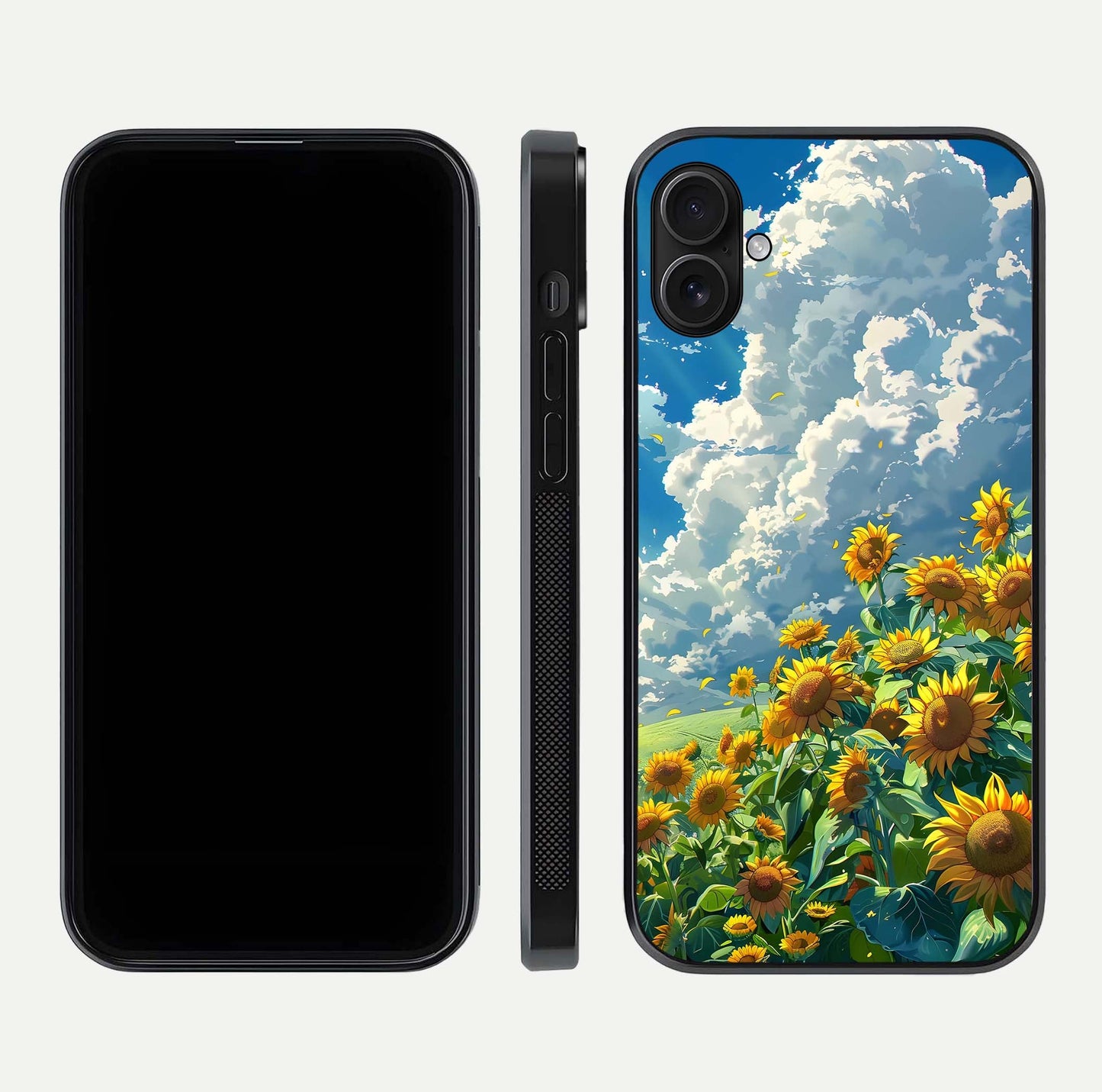 Golden Sun Glory Glass Case for iPhone 16 Plus front and back view layout displaying bright golden tones and curved edges