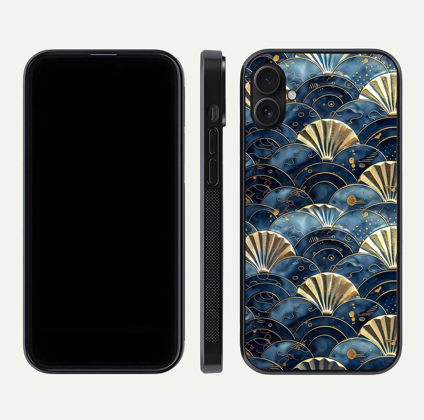 Golden Wave Luxe Glass Case for iPhone 16 Plus front and back view layout highlighting fluid gold design and curved glass