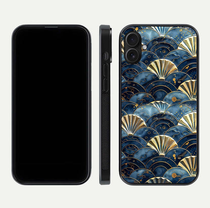 Golden Wave Luxe Glass Case for iPhone 16 Plus front and back view layout highlighting fluid gold design and curved glass