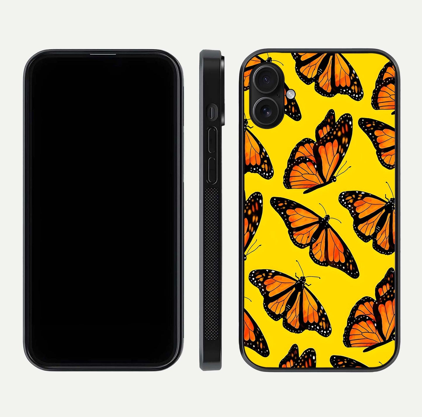 Golden Wing Flight Glass Case for iPhone 16 Plus front and back view layout highlighting graceful lines and curved glass