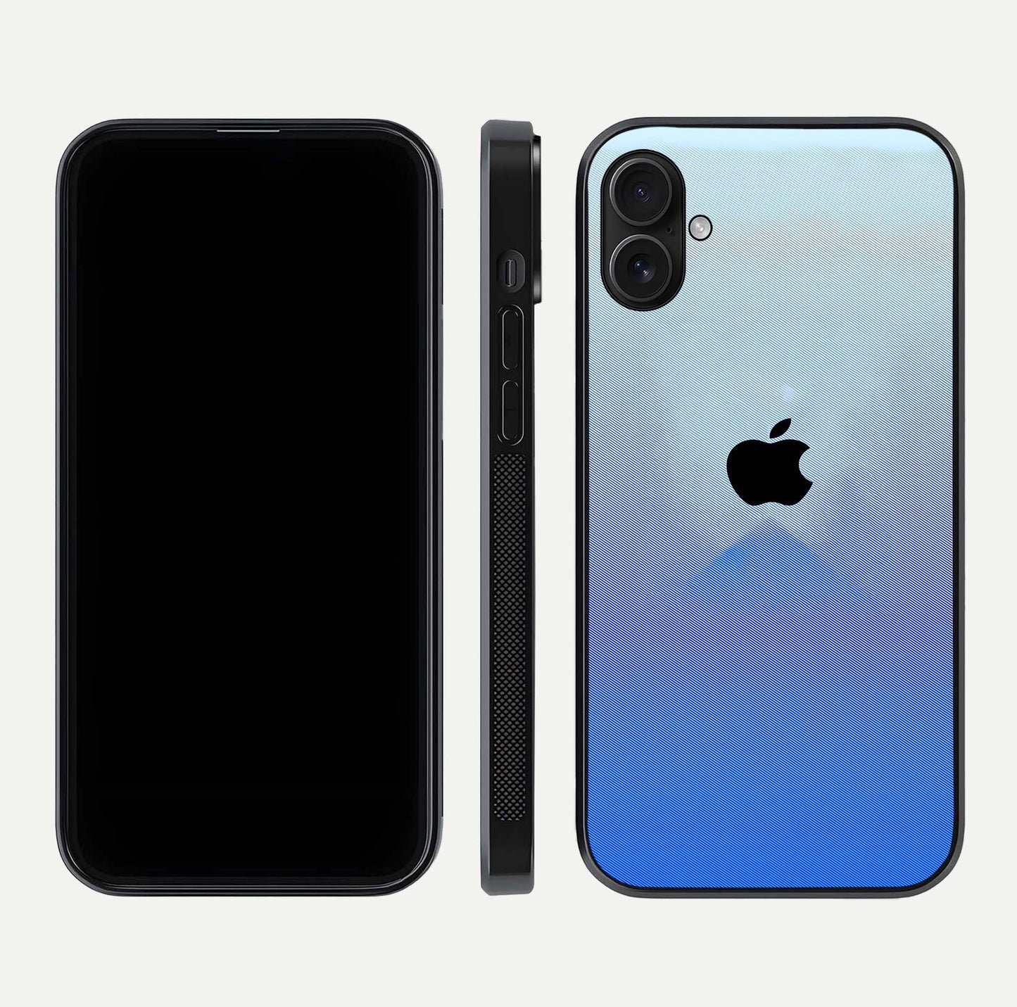 Gradient Apple Vibe Glass Case for iPhone 16 Plus front and back view layout highlighting minimalist Apple design and curved edges