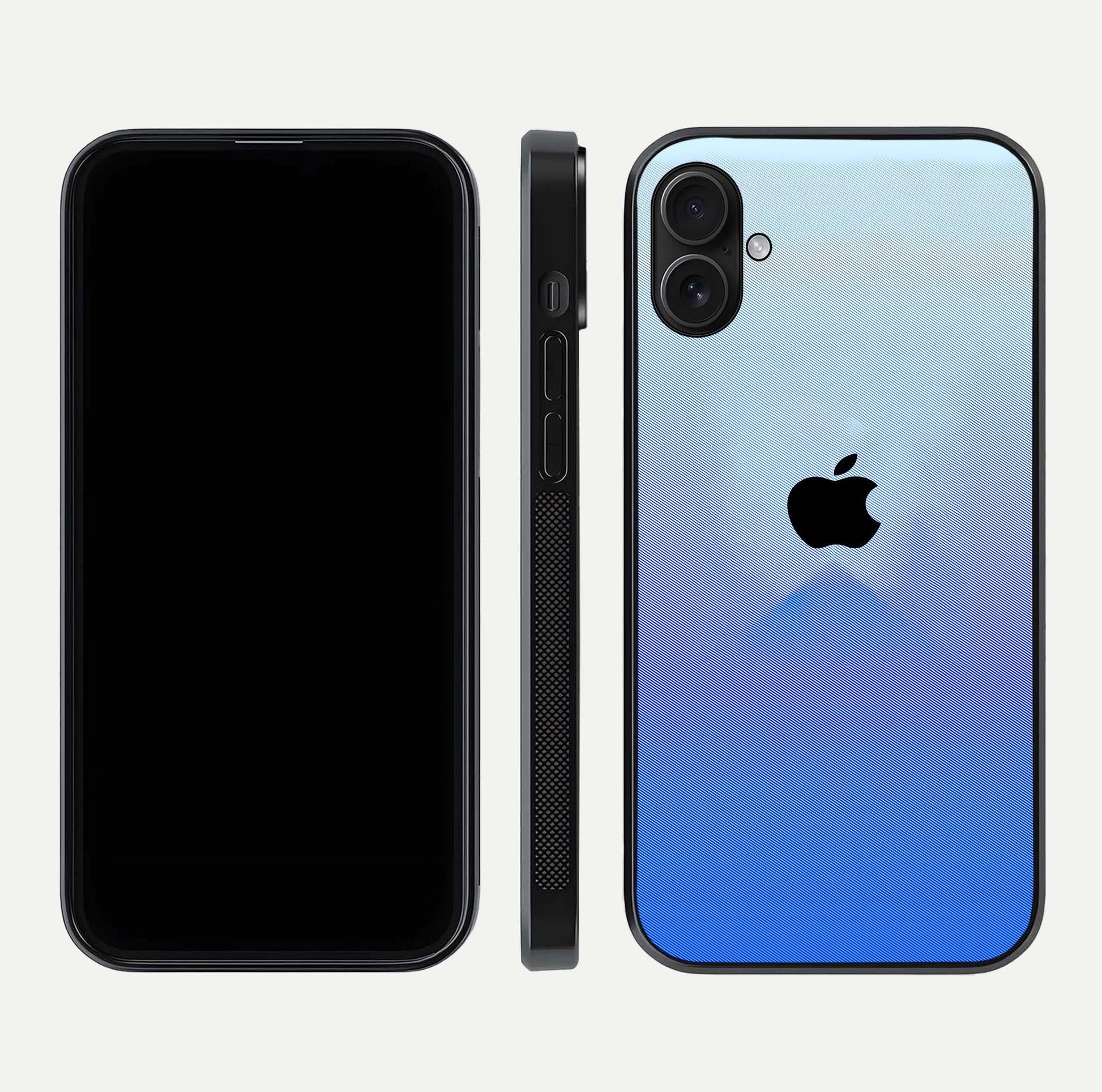 Gradient Apple Vibe Glass Case for iPhone 16 Plus front and back view layout highlighting minimalist Apple design and curved edges