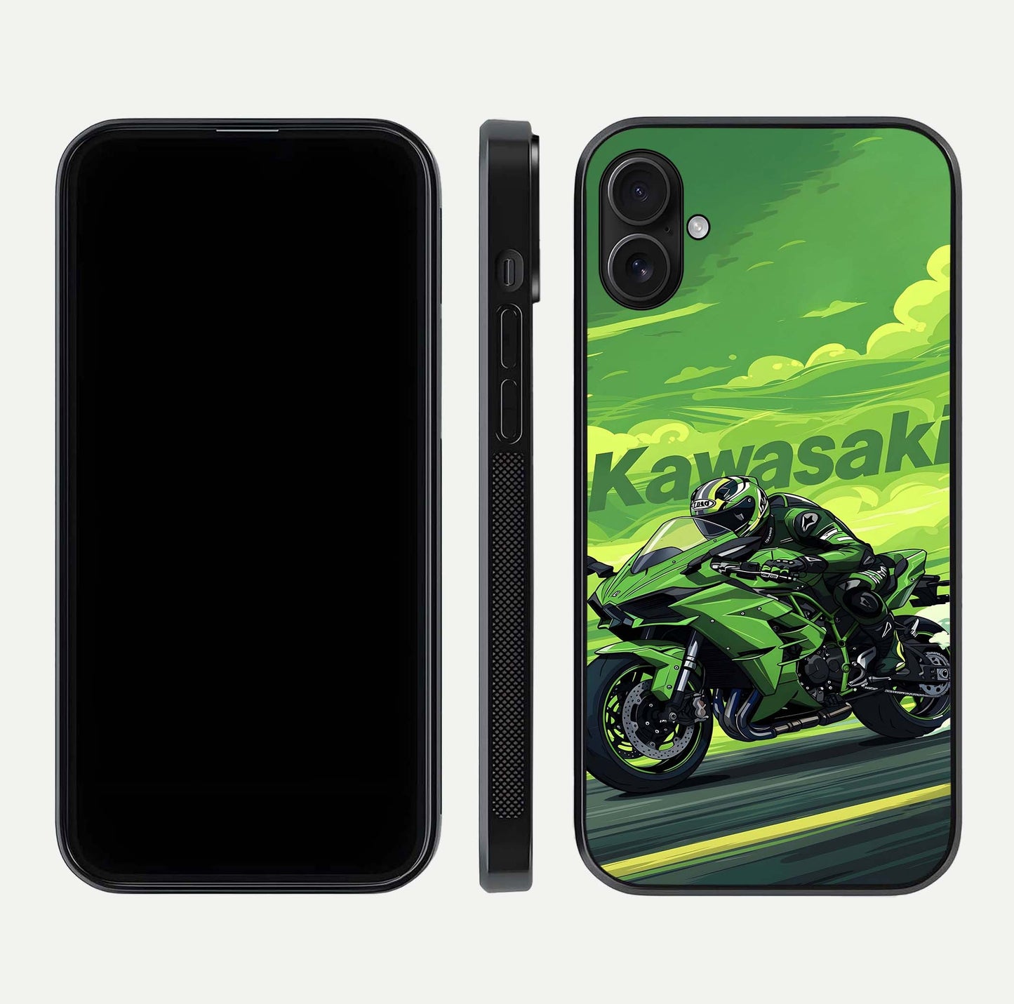 Green Kawasaki Glass Case for iPhone 16 Plus front and back view layout highlighting vivid green tones and curved glass edges