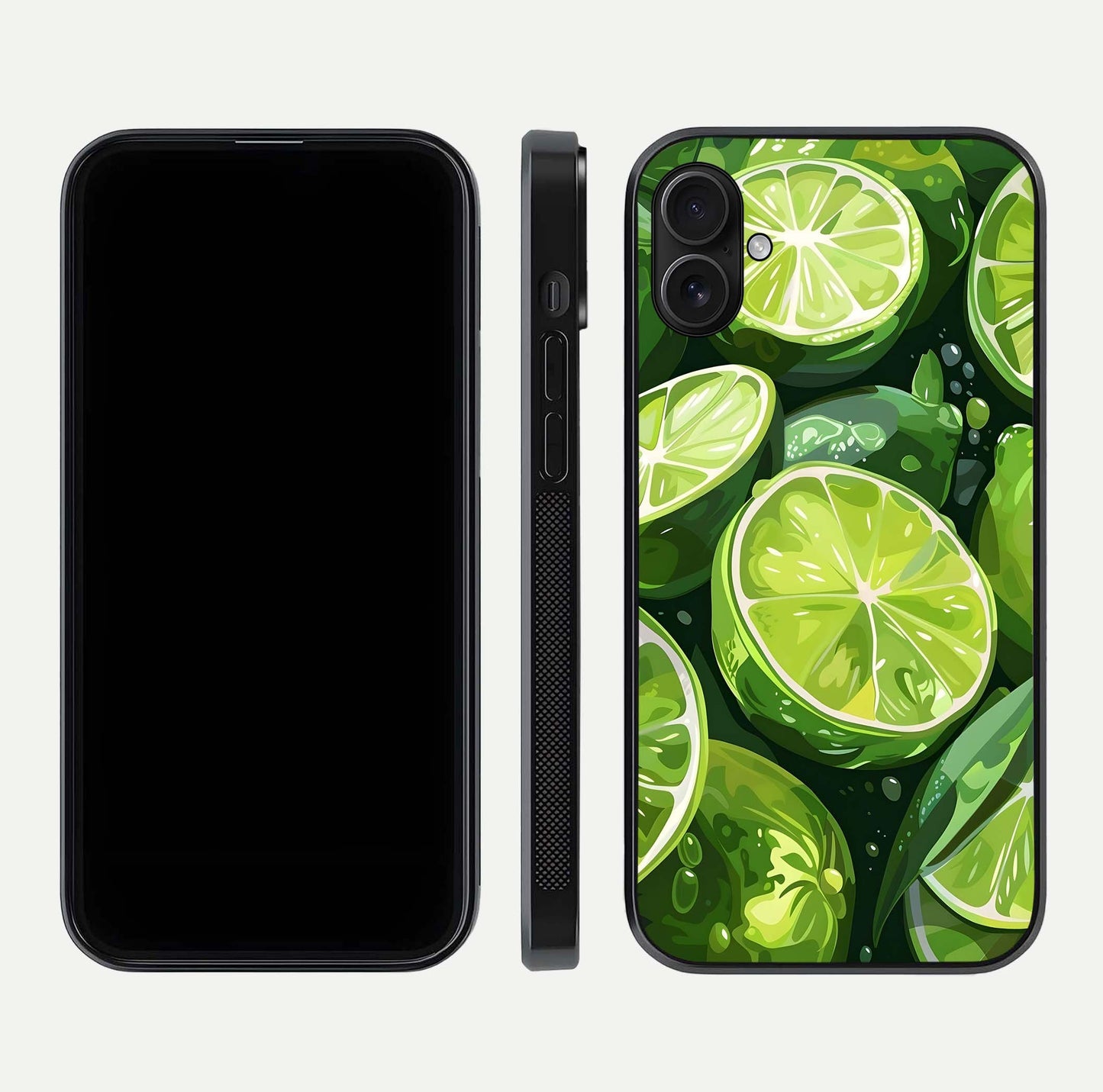 Green Lemon Glass Case for iPhone 16 Plus front and back view layout displaying vibrant yellow-green hues and smooth edges