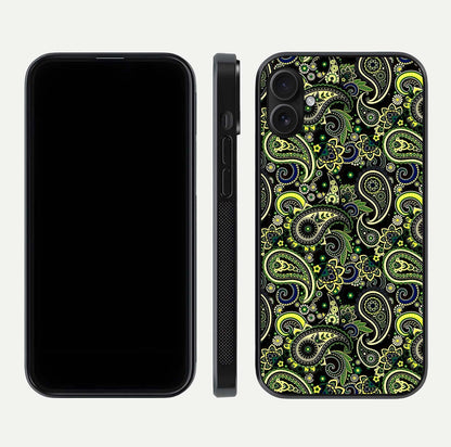 Green Mandala Pattern Glass Case for iPhone 16 Plus front and back view layout highlighting geometric art and curved glass