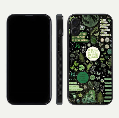 Green Moon Energy Glass Case for iPhone 16 Plus front and back view layout highlighting cosmic tones and smooth edges