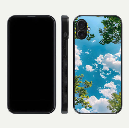 Greenery Sky Glass Case for iPhone 16 Plus front and back view layout displaying scenic green-blue gradient and curved edges